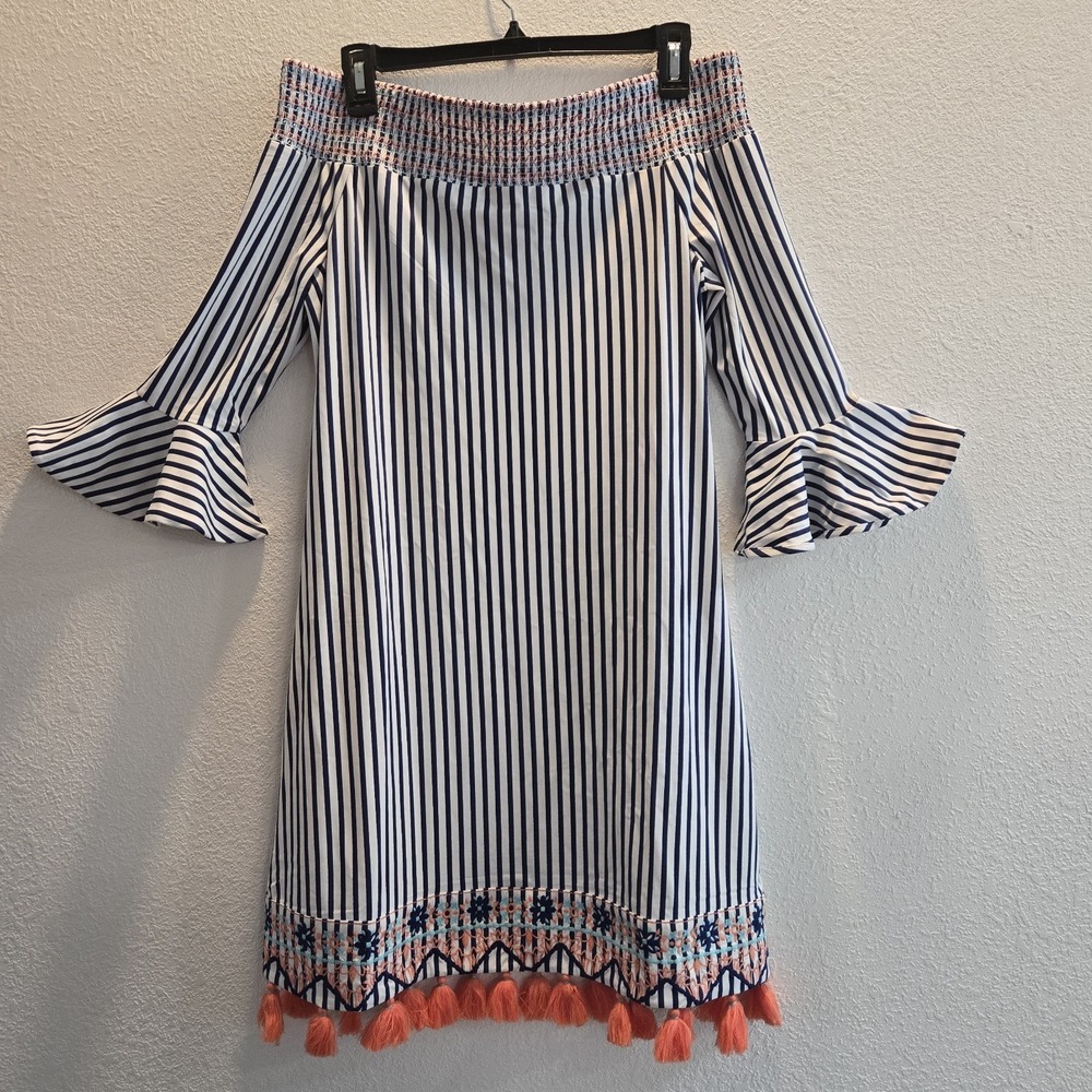 Cabana‎ Life St Barts Coverluxe Dress NWT Medium Navy Stripe Off Shoulder Tassel